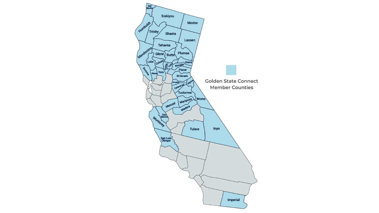 The 38 counties that represent the Rural County Representatives of California (RCRC) and Golden State Connect Authority (GSCA). (Source: GSCA)