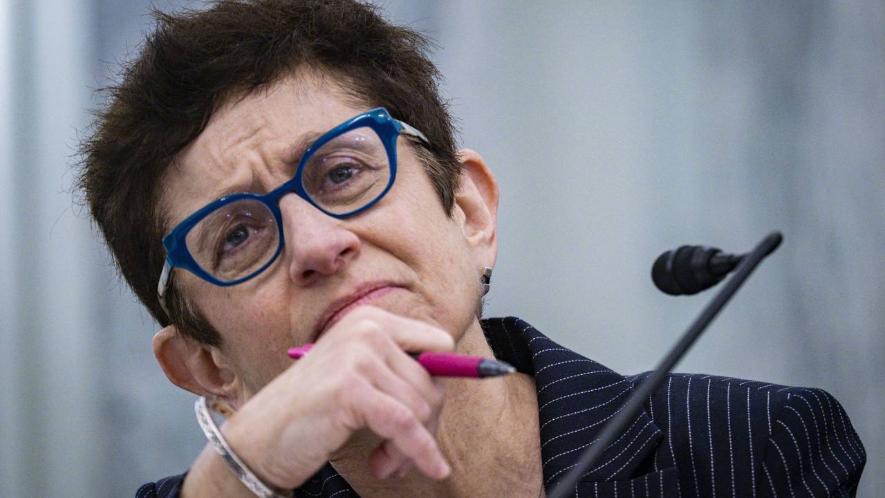 Gigi Sohn at her second confirmation hearing for FCC Commissioner in February 2022.  (Source: UPI/Alamy Stock Photo)